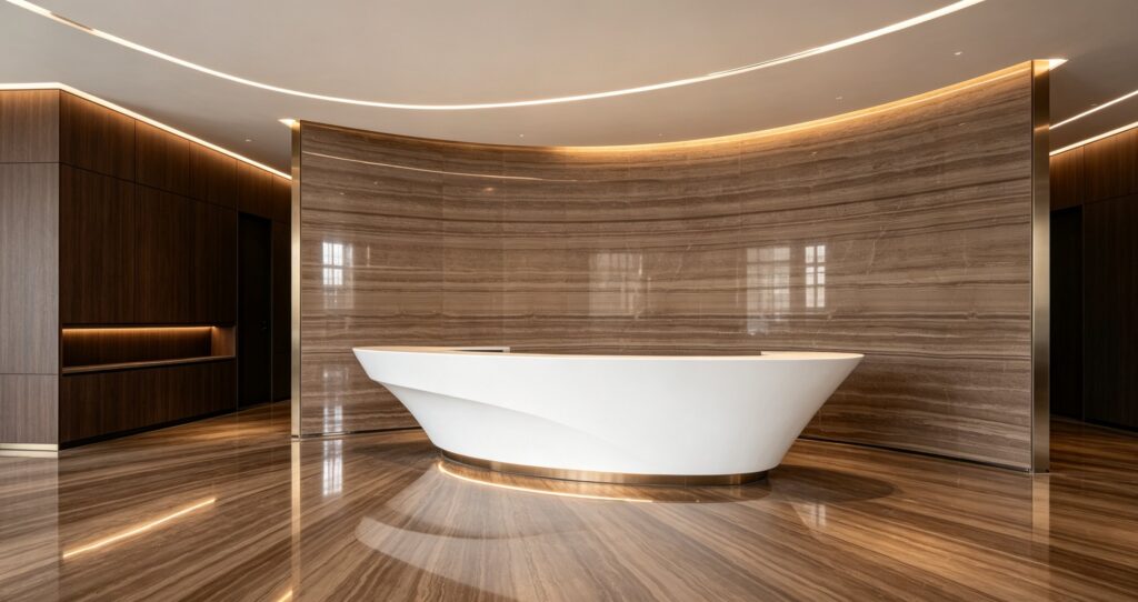 Application image, a design render rather than a photograph. A bathroom with a freestanding bath against a curved stone wall, the same stone on the floor, and a continuous light line in the ceiling cove.