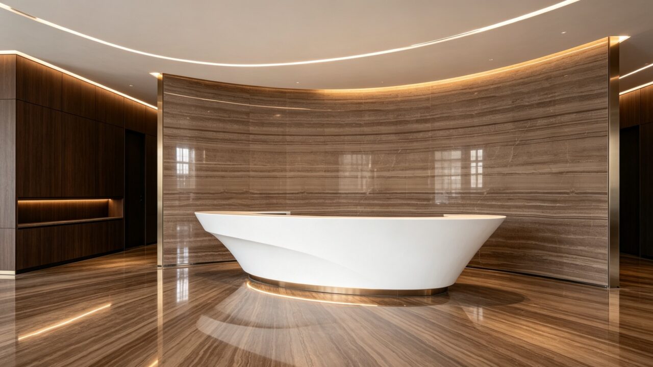 Application image, a design render rather than a photograph. A bathroom with a freestanding bath against a curved stone wall, the same stone on the floor, and a continuous light line in the ceiling cove.