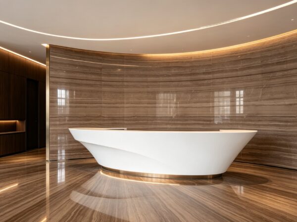 Application image, a design render rather than a photograph. A bathroom with a freestanding bath against a curved stone wall, the same stone on the floor, and a continuous light line in the ceiling cove.