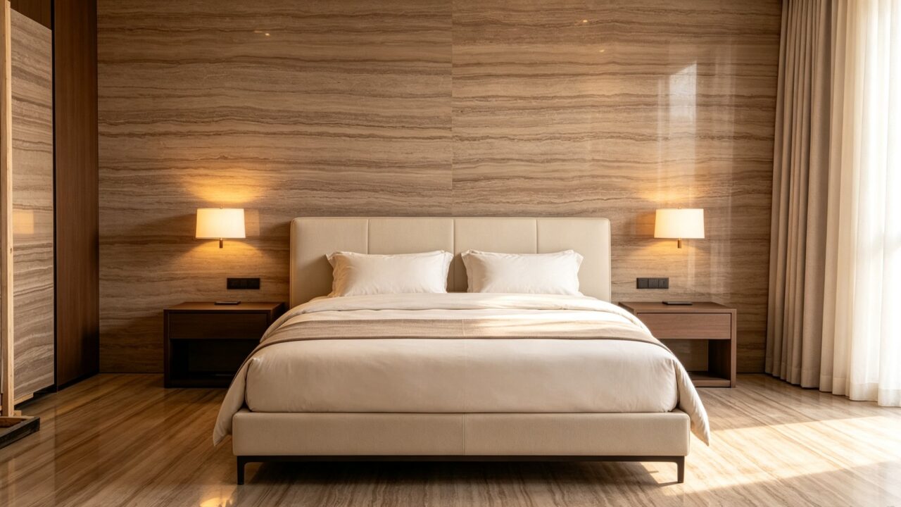 Application image, a design render rather than a photograph. A bedroom with the stone carried across the whole wall behind the bed, in large panels with the joints running vertically.