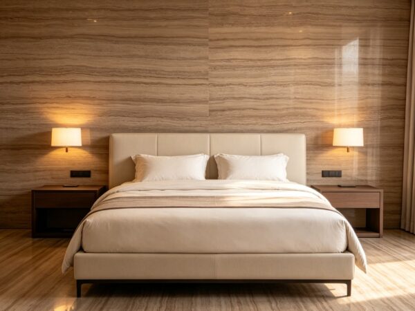 Application image, a design render rather than a photograph. A bedroom with the stone carried across the whole wall behind the bed, in large panels with the joints running vertically.