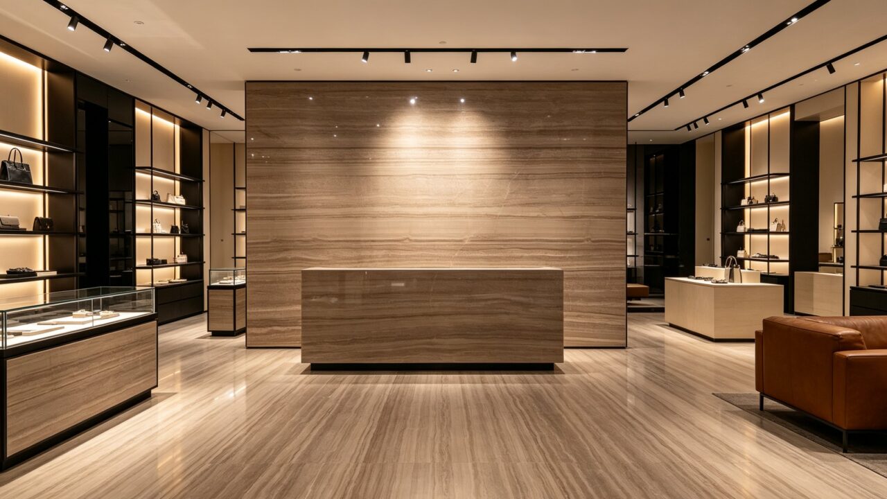 Application image, a design render rather than a photograph. A retail floor with lit display cases down both walls, a stone-clad island at the centre and track lighting across the ceiling.