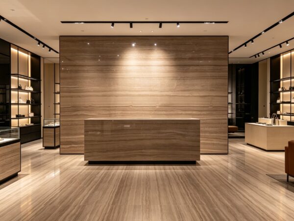 Application image, a design render rather than a photograph. A retail floor with lit display cases down both walls, a stone-clad island at the centre and track lighting across the ceiling.