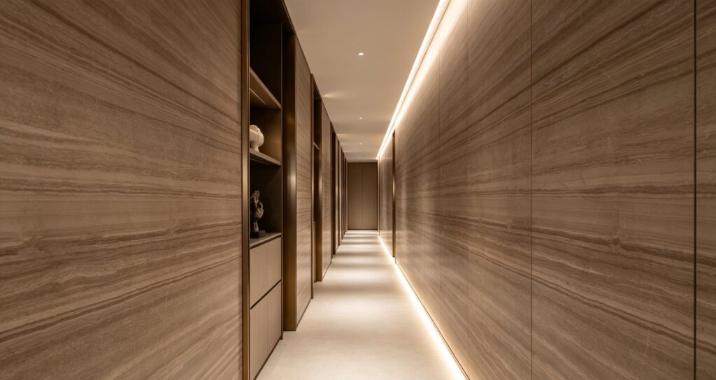 Application image, a design render rather than a photograph. A corridor lined floor to ceiling in the stone, with a continuous light line washing the panel joints and open niches let into the left-hand wall.