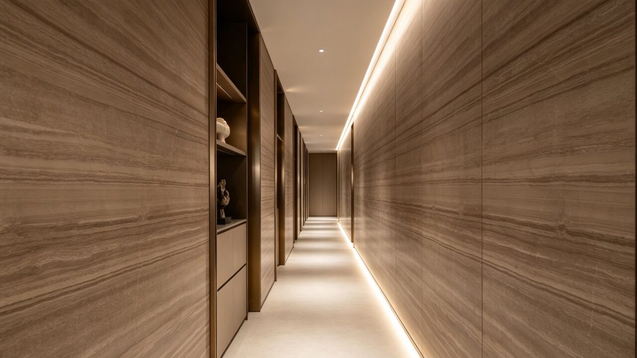 Application image, a design render rather than a photograph. A corridor lined floor to ceiling in the stone, with a continuous light line washing the panel joints and open niches let into the left-hand wall.