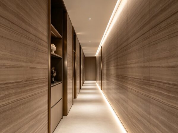 Application image, a design render rather than a photograph. A corridor lined floor to ceiling in the stone, with a continuous light line washing the panel joints and open niches let into the left-hand wall.