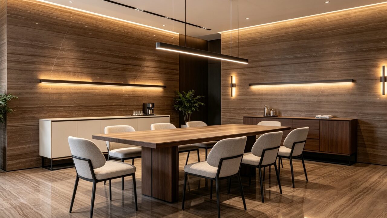 Application image, a design render rather than a photograph. A dining or meeting room with a long table under a suspended linear light, stone to both walls and a lit ledge running behind.