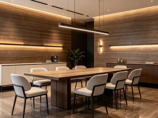Application image, a design render rather than a photograph. A dining or meeting room with a long table under a suspended linear light, stone to both walls and a lit ledge running behind.