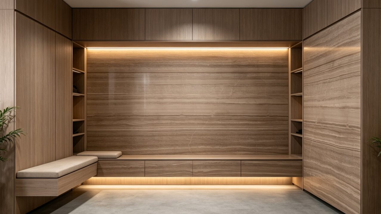 Application image, a design render rather than a photograph. A dressing room with cabinet fronts in the stone, a lit recess at the back and an open shelf run down each side.