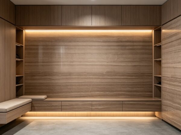 Application image, a design render rather than a photograph. A dressing room with cabinet fronts in the stone, a lit recess at the back and an open shelf run down each side.