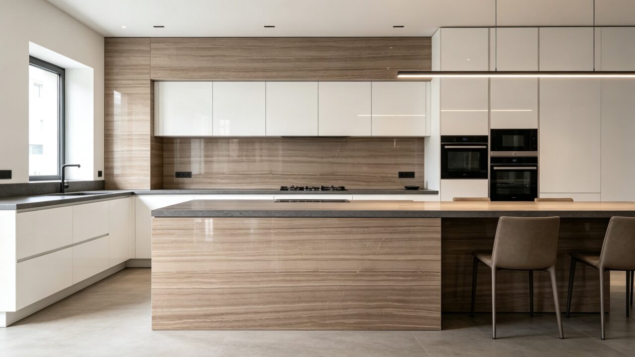 Application image, a design render rather than a photograph. A kitchen with a stone-clad island, a matching worktop running along the right-hand side and the stone carried across the wall behind the hob.