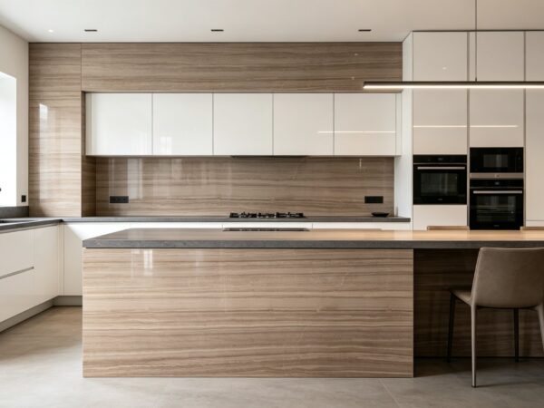 Application image, a design render rather than a photograph. A kitchen with a stone-clad island, a matching worktop running along the right-hand side and the stone carried across the wall behind the hob.
