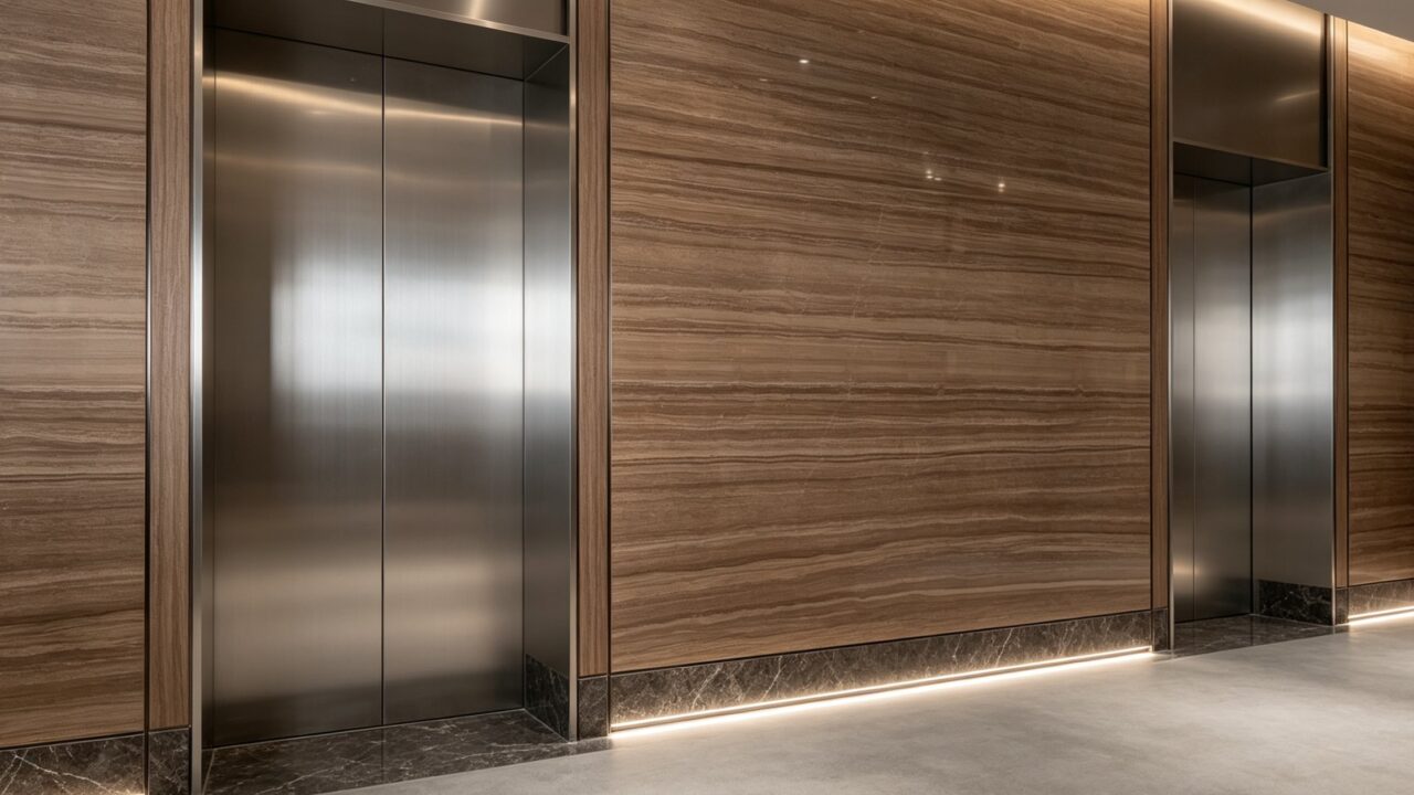 Application image, a design render rather than a photograph. A lift lobby with stainless steel lift doors set between stone wall panels, a skirting of darker stone and a light line washing the base of the wall.