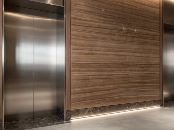 Application image, a design render rather than a photograph. A lift lobby with stainless steel lift doors set between stone wall panels, a skirting of darker stone and a light line washing the base of the wall.