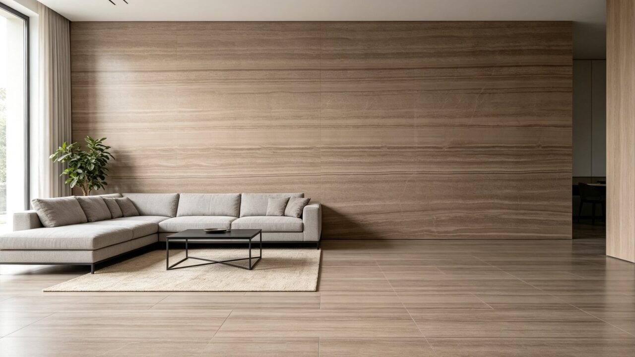 Application image, a design render rather than a photograph. A living room with the stone across a full feature wall and continued onto the floor, interrupted only by a glazed wall on the left.
