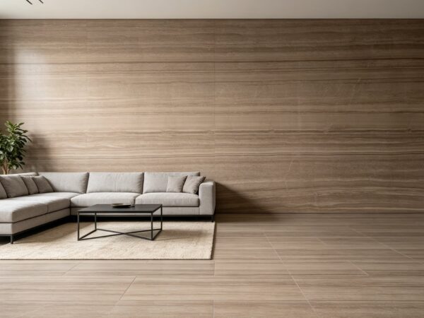 Application image, a design render rather than a photograph. A living room with the stone across a full feature wall and continued onto the floor, interrupted only by a glazed wall on the left.