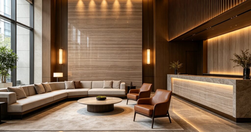 Application image, a design render rather than a photograph. A reception floor with a full-height stone backdrop behind the desk, the counter itself in the same stone, and concealed lighting washing down the wall from above.