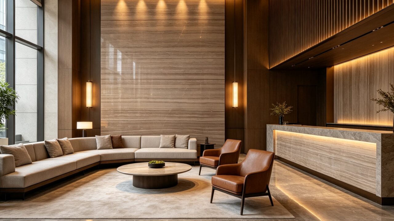 Application image, a design render rather than a photograph. A reception floor with a full-height stone backdrop behind the desk, the counter itself in the same stone, and concealed lighting washing down the wall from above.