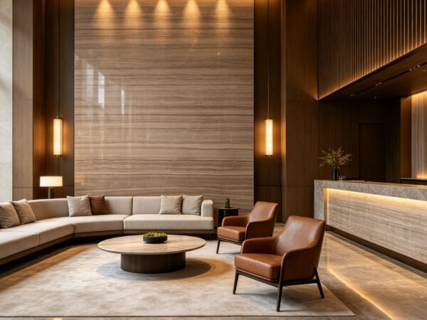 Application image, a design render rather than a photograph. A reception floor with a full-height stone backdrop behind the desk, the counter itself in the same stone, and concealed lighting washing down the wall from above.
