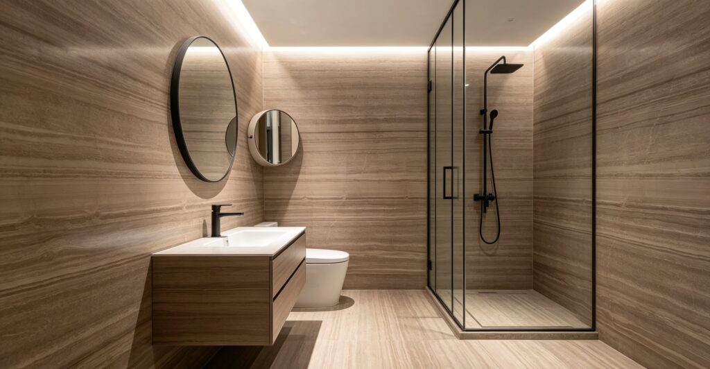 Application image, a design render rather than a photograph. A shower room with the stone on all four walls and the floor, a glass screen, a floating timber vanity and two round mirrors.