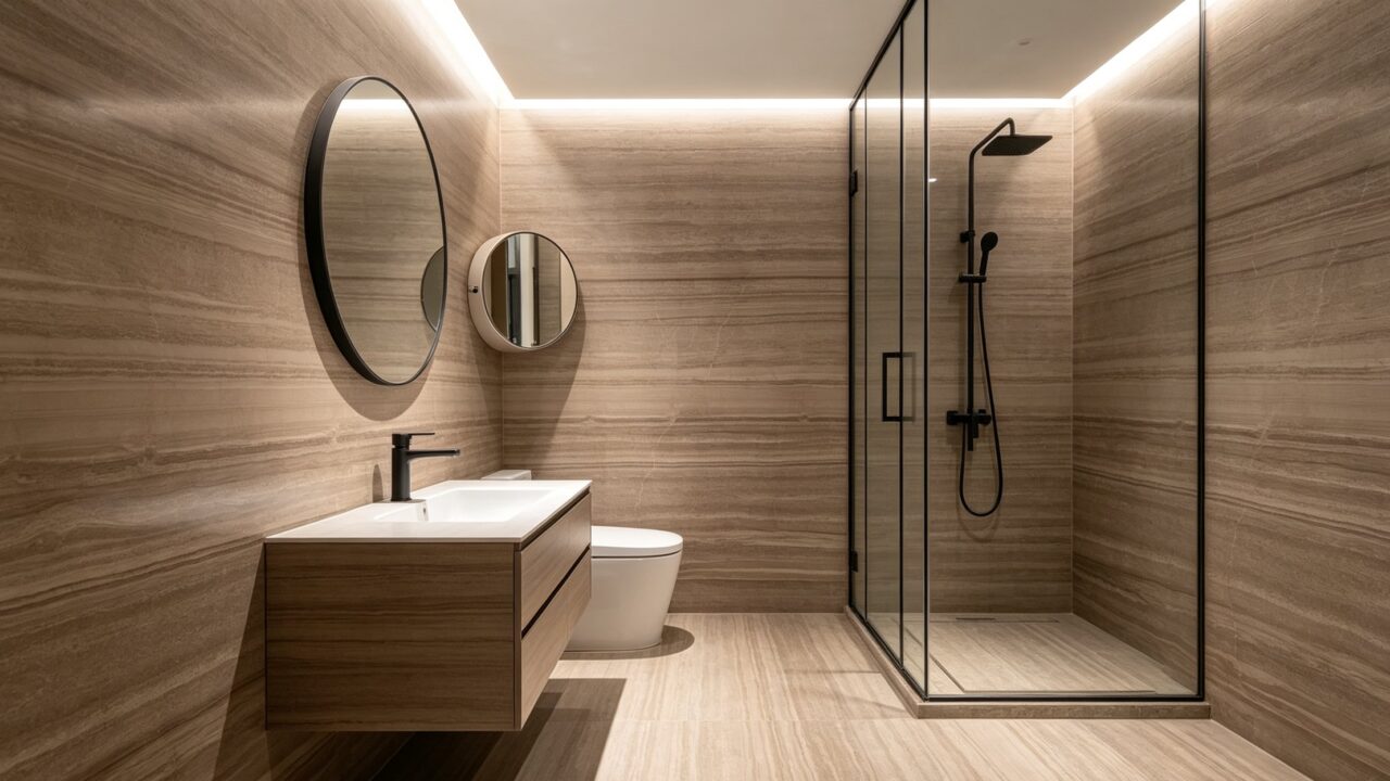 Application image, a design render rather than a photograph. A shower room with the stone on all four walls and the floor, a glass screen, a floating timber vanity and two round mirrors.