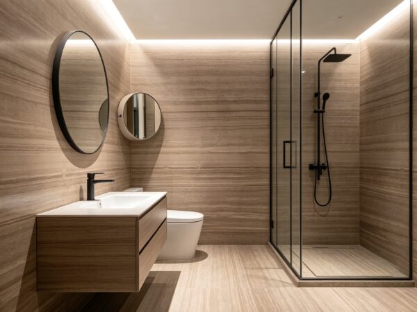 Application image, a design render rather than a photograph. A shower room with the stone on all four walls and the floor, a glass screen, a floating timber vanity and two round mirrors.