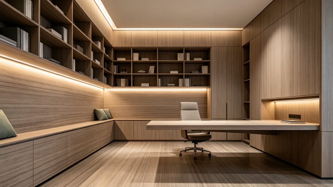 Application image, a design render rather than a photograph. A study with an open shelf wall, a long desk under concealed lighting and a low bench running the length of the left wall.