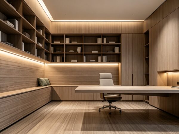 Application image, a design render rather than a photograph. A study with an open shelf wall, a long desk under concealed lighting and a low bench running the length of the left wall.